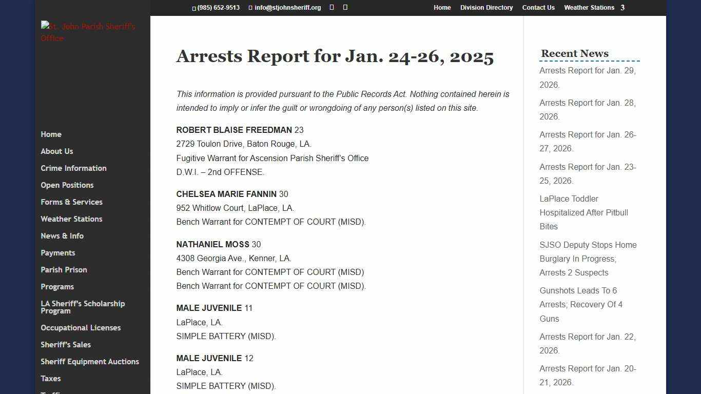 Arrests Report for Jan. 24-26, 2025 St. John Parish Sheriff's Office